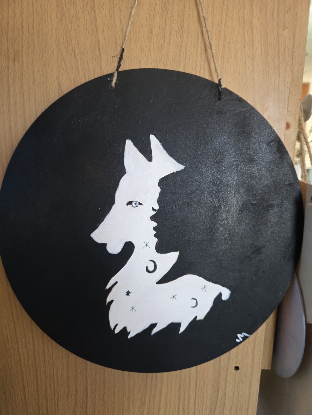 White Wolf  and Black Silhouette Home Art Wall Panel - Hand Made 13 In Round